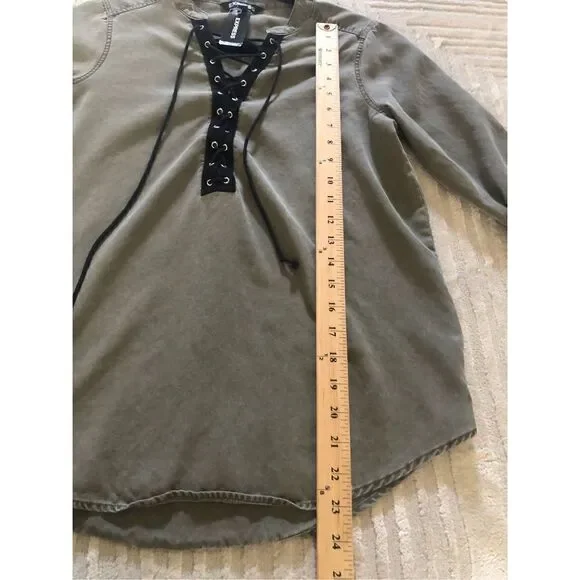 Express Womens  Olive  Lace Up Front Tassel Long Sleeve Shirt Top Size P/S - Picture 8 of 12